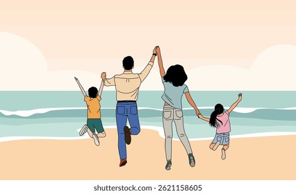 A family of four is playing on the beach, with the father and mother holding hands and the children jumping in the air. Scene is joyful and carefree