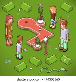 Family of four playing outdoor mini golf (isometric view)