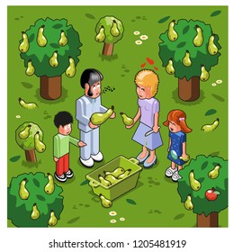 Family of four plucking pears in a fruit tree garden (vector illustration)