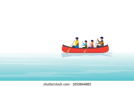 A family of four rowing a canoe