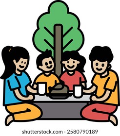 A family of four is sitting around a table with food and drinks. They are smiling and enjoying each other's company