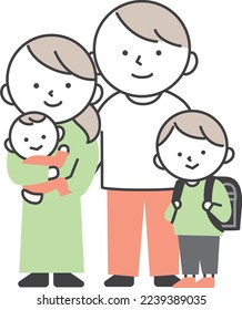A family of four standing side by side. Father, mother, baby and elementary school boy.
