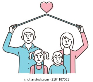 Family of four under a roof representing a house [Vector illustration].