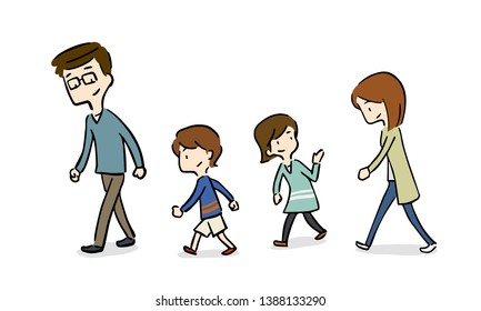 Family of four walking happily