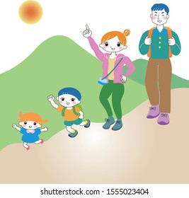  Family of four walks up the mountain