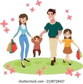 family of four walks out of the store with packages and purchases, happy mom, dad, daughter and son walk from the mall across the lawn