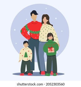 A Family Of Four In Warm Winter Sweaters. Parents Celebrate Christmas With Their Son And Daughter. Christmas Sweaters. No Face. Vector Illustration In A Flat Style.