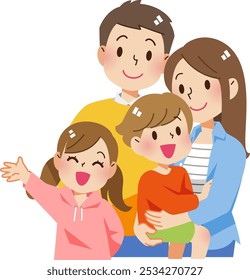 A family of four who are good friends, the mother is holding a boy
