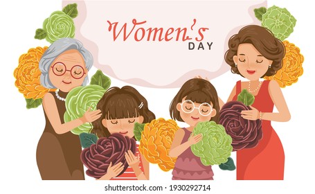 Family four women holding flowers Four different women, grandmother, mother, daughter and grandchild. They close their eyes, smile as their hands rest on their chest, write a letter: Universal Women.