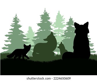 Family of foxes in coniferous forest clearing. Animal silhouette. Wild life picture. Isolated on white background. Vector.