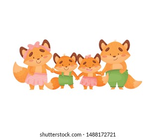 Family of foxes holds hands. Vector illustration on a white background.