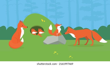 Family of foxes in a hole
