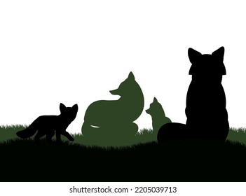Family of foxes on grass. Animal silhouette. Wild life picture. Isolated on white background. Vector.