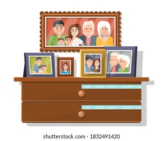 Family frame. Isolated family portrait on chest of drawers. Grandparents, mother, father person, child photograph. Photo picture frames vector illustration