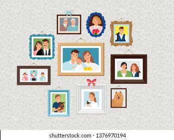 Family frames set. People portrait pictures, faces photoportraits on wall with kids and dog, wife and grandparents vector illustration