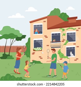 Family free time flat composition with mother father and their little children playing badminton on lawn near house vector illustration