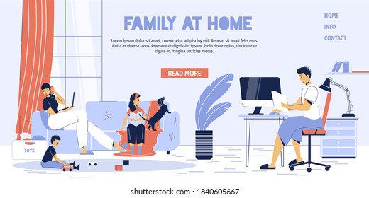 Family freelancer, young children stay at home landing page. Parent engaged in distance work Girl daughter reading caring dog pet, boy son playing toy. Living room interior. Parenthood and freelance