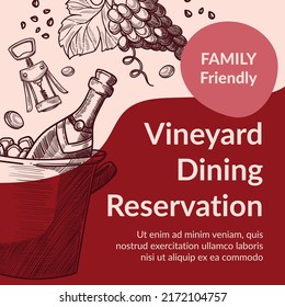 Family Friendly Vineyard Dining Reservation, Culture Of Drinking Wine And Tasting Freshly Made Alcoholic Beverages. Bucket With Bottle. Promotional Banner, Leaflet Flyer, Advertisement Vector In Flat