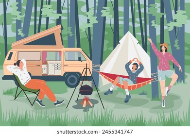 Family or friends adventure camping scene. Tent, campfire, trailer, hammock. Summer travel and picnic stuff. Flat graphic vector illustration.