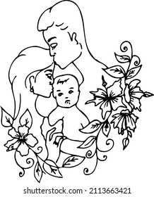 FAMILY FRIENDS. Black and white linear illustration depicting children ,moms and dads, couples in love,cute girls,,coloring book for children and adults,line art wall art,posters,shaft art,stained gla
