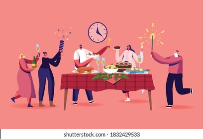 Family or Friends Christmas Dinner, Happy Male and Female Characters Celebrating Xmas Holiday at Table with Turkey Traditional Meals and Decorated Fir Tree Branches. Cartoon People Vector Illustration