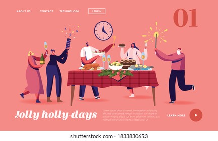 Family or Friends Christmas Dinner Landing Page Template. Happy Characters Celebrating Xmas Holiday at Table with Traditional Turkey and Decorated Fir Tree Branches. Cartoon People Vector Illustration