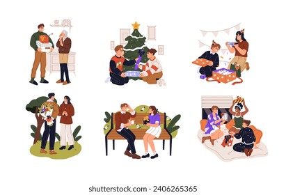 Family, friends, couples exchange gifts set. People gives presents on Mother's day, Christmas. Child opens birthday box. Young man with flowers for surprise. Flat isolated vector illustration on white