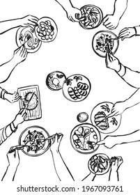 Family or friends dinner. Hand drawn illustration