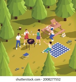 Family friends enjoying countryside picnic  grilling meat barbecuing with drinks food basket gingham tablecloth isometric vector illustration