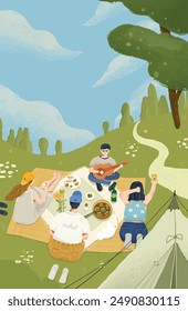Family and friends enjoying a picnic on the grass