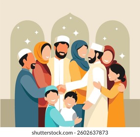 Family and friends gather to celebrate Eid al-Fitr while shaking hands and hugging after Eid prayer. Vector illustration. Eid celebration. Happy Ramadan. Eid adha. Islamic flat design. sstkEIDMUBARAK.