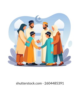 Family and friends gather to celebrate Eid al-Fitr while shaking hands and hugging after Eid prayer. Vector illustration. Eid celebration. Happy Ramadan. Islamic flat design. sstkEIDMUBARAK.