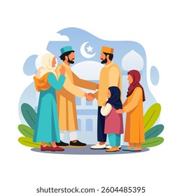 Family and friends gather to celebrate Eid al-Fitr while shaking hands and hugging after Eid prayer. Vector illustration. Eid celebration. Happy Ramadan. Islamic flat design. sstkEIDMUBARAK.