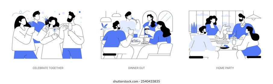 Family friends isolated cartoon vector illustrations set. Young people celebrate together, party time, families have dinner in a restaurant, eating at home, talking and laughing vector cartoon.