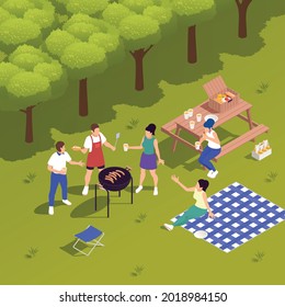 Family friends picnic in country park with barbecue grill drinks food basket gingham tablecloth isometric vector illustration