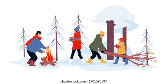 Family or friends resting on winter vacation in camp. People pulling log for bonfire. Character warming hands by flame. Wood with trees. Relaxation in cold season outdoors, vector in flat style