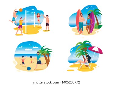 Family and Friends Summer Activities on Beach. Cartoon People Playing Volleyball and Football on Sand, Ready to Surf on Board, Sunbathing Along. Vector Flat Illustration Set. Summertime and Vacation