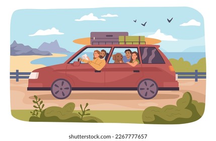 Familie oder Freunde, die mit dem Auto reisen, Menschen mit Gepäck und Hundehunde, die auf der Straße reiten. Sommerferien oder Wochenenden, am Strand entlang fahren. Vektorgrafik im Flachstil