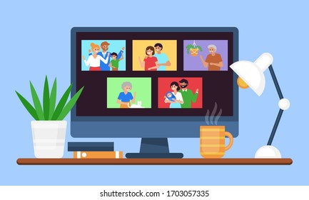 Family and friends video online meeting. Stay at home and self isolation concept. Coronavirus COVID-19 pandemic quarantine with people characters at computer screen. Flat cartoon vector illustration