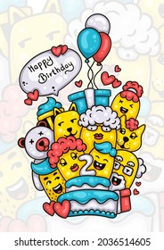 family and friends wishing happy second birthday to the baby boy hand drawn doodle artwork