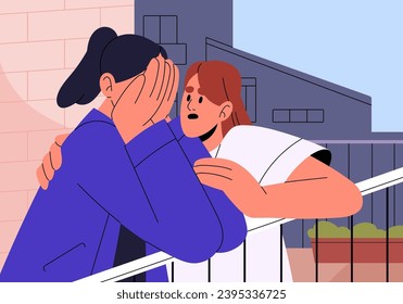 Family, friendship support. Sad girl with mental problems cry. Comforting friend helps to relief grief, consoling, soothing. Sister hugs, talk, compassion suffering woman. Flat vector illustration