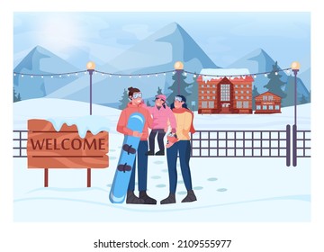 Family in front of skiing resort billboard. Winter vilage with a hotel and ski tracks and lifts. Snowy hills and forest scenery. December freezing weather. Flat vector illustration