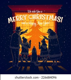 The Family In Front Of The Window. Christmas Card \ Poster \ Banner. Vector Illustration.