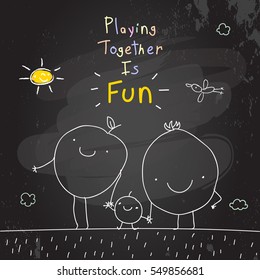 Family Of Fruits, Vegetables, Playing Together Outdoors. Vector Illustration, Chalk On Blackboard Doodle, Hand Drawn Sketch, Scribble. 