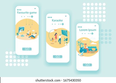 Family Fun and Activities App Page Onboard Mobile Screen Set. Parents and Child Spend Time Together Singing Karaoke, Playing Favorite Video Game on TV-Set, Viewing Starry Sky. Vector Illustration