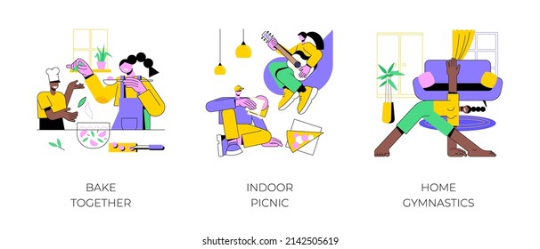 Family fun amid quarantine abstract concept vector illustration set. Bake together, indoor picnic, home gymnastics, time together with children, indoor activities, stay at home abstract metaphor.