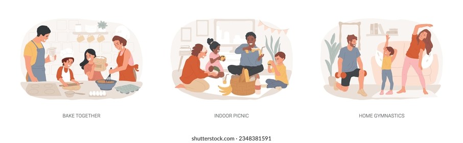 Family fun amid quarantine isolated concept vector illustration set. Bake together, indoor picnic, home gymnastics, time together with children, indoor activities, stay at home vector concept.