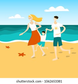 Family fun at the beach. Family with one kid walks on the beach vector illustration