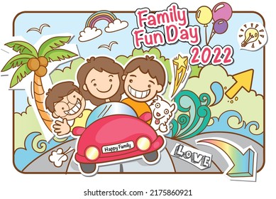 Family Fun Day Event Poster. Vector Illustration Of Family's Happy Adventure. Text: Family Fun Day 2022