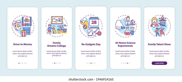 Family fun ideas onboarding mobile app page screen with concepts. Drive in movies evening cinema walkthrough 5 steps graphic instructions. UI vector template with RGB color illustrations